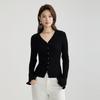 V-neck slim fit knitted cardigan for women in early autumn 2025, high-end and niche, with black fungus edge long sleeved sweater top