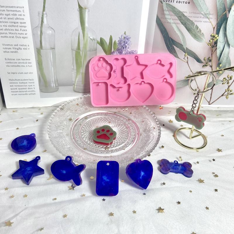 Glossy for Cat/Bone/Fish/Round Tag Keychain Silicone Epoxy Resin Mold DIY Keychain Pendant Jewelry for Anniversary Gift