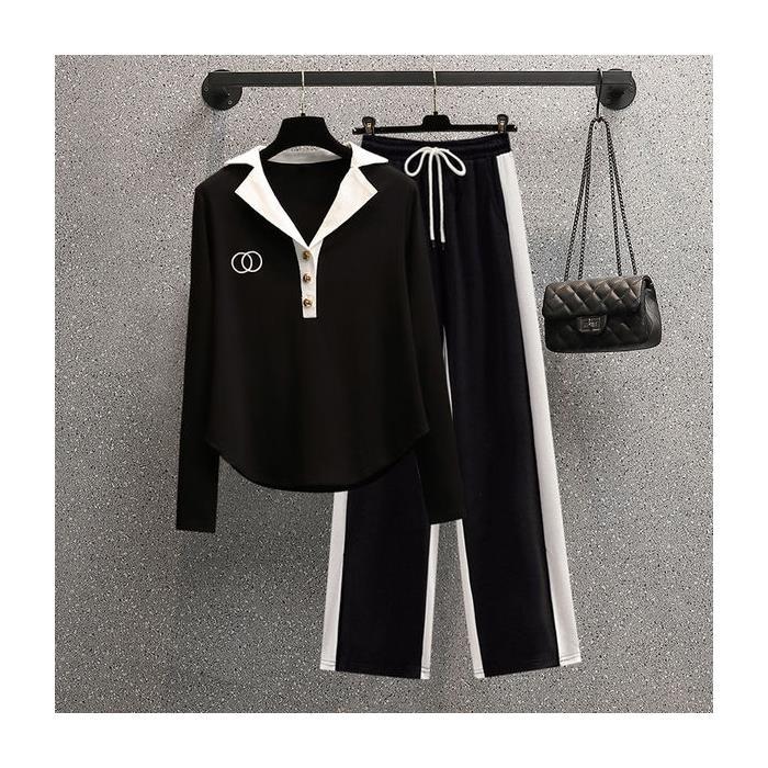 Осенняя рубашка с длинными рукавами и воротником-поло, повседневные широкие брюки в стиле пэчворк, комплект из двух предметов для женщин