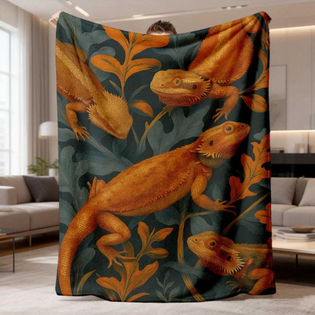 2026 New Flannel Blanket 1pc Vintage Bearded Dragon Throw - Soft Flannel for All Seasons - Cozy And Warm - Orange, Black, Green Reptile Pattern - Ligh