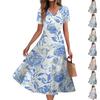 Women's Summer Casual Fashion Print Pocket Short Sleeve V-Neck Swing Dress