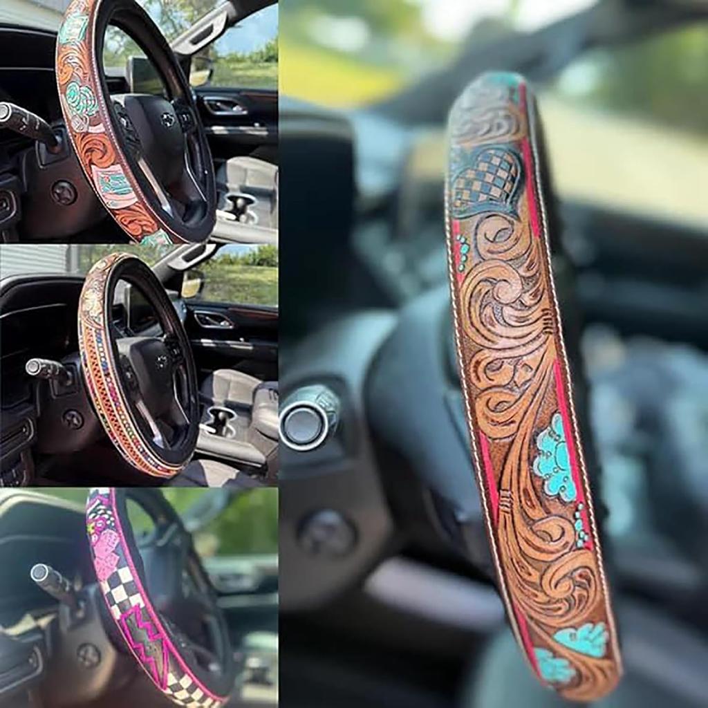 Retro Western Cowboy Car Universal Steering Wheel Cover – Embossed Leather 14.5-15 Inch Anti-Slip Car Accessory For Trucks SUVs Cars – Boho