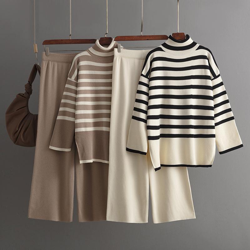 Autumn Winter Sets For Women Knit Pullover Sportswear Set New Turtleneck Sweater Wide Leg Pants Casual Women's Knitted Tracksuit