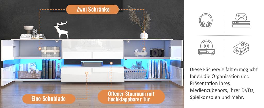 Modern White High-Gloss TV Cabinet, 160x39x45 cm, LED Lighting, 2 Doors, 1 Drawer, Open Compartment, 70-Inch TVs, Acrylic Glass Insert, Push-to-Open