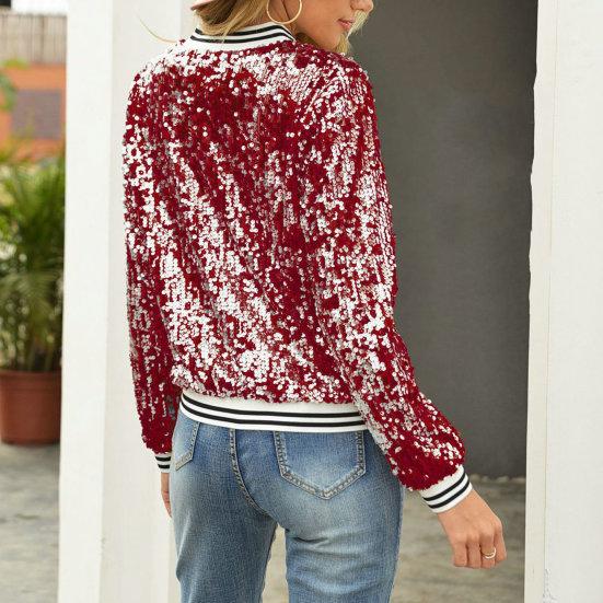 Women Jacket Shiny Sequin Long Sleeve Stand Collar Striped Loose Zipper Closure Elastic Cuff Stage Performance Emcee Coat