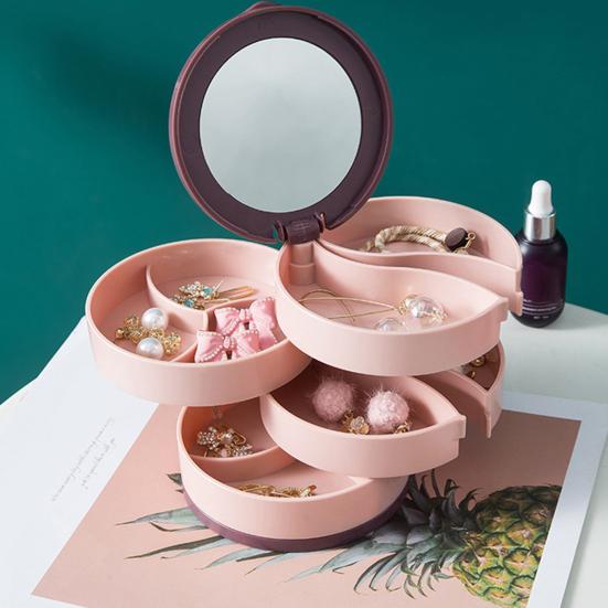 Коробка для хранения ювелирных изделий Пластиковая Многослойная Пылезащитная Влагозащищенная Вращающаяся на 360 градусов Органайзер для ювелирных изделий со встроенным зеркалом