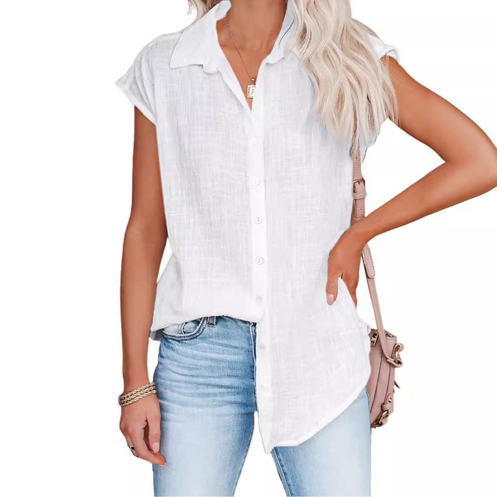 Women's Casual Fashion Short Sleeve Solid Color Single Breasted Shirt Top