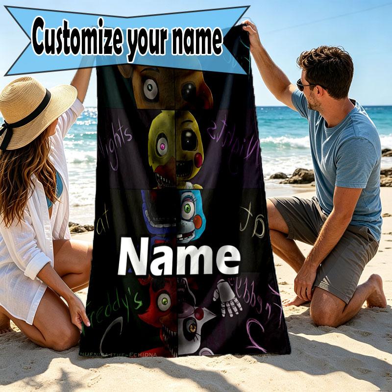 Custom Name Personalized Five Nights at Freddy's Print Beach Towel, for Trip Camping Beach Party Home Decor, Birthday Gift for Family & Friends