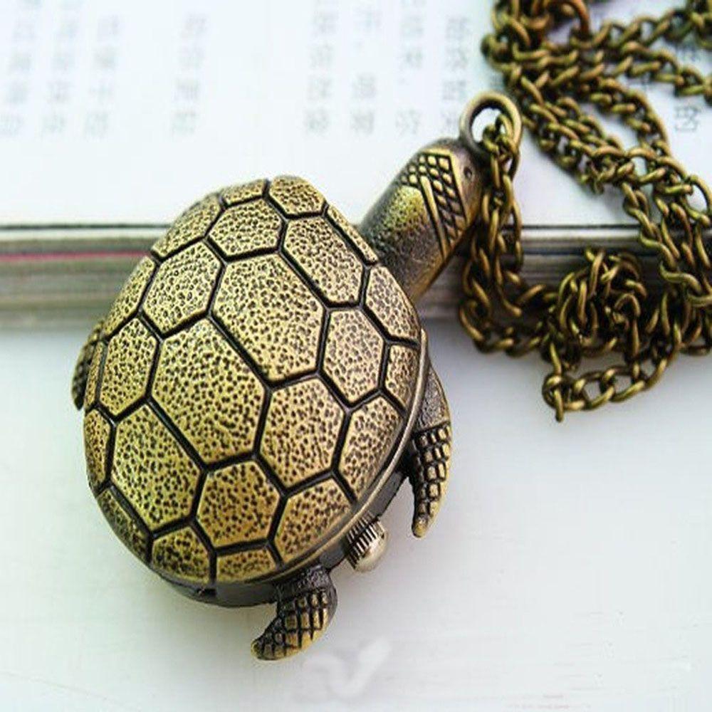 Модные новые стильные длинные свитера цепи женские ретро черепаха ожерелье кварцевые бронзовые карманные часы