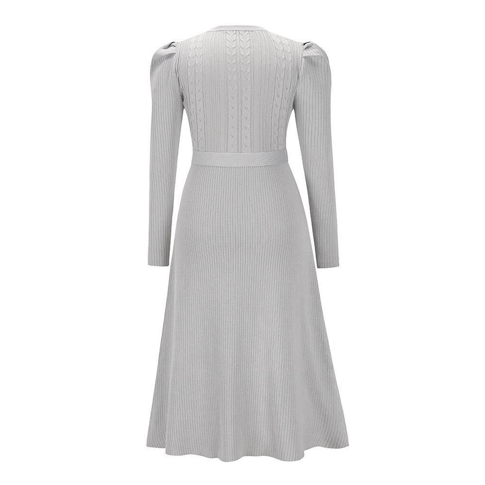 Autumn and Winter Women's Bubble Long-sleeved Knitted Dress Temperament Thin High Waist Big Swing Dress Bottoming Sweater Dresses