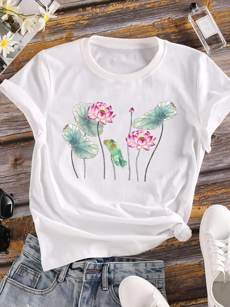 (Азиатский размер) Одежда Повседневная Цветочная Растительная Цветочная Милая Модная Футболка С Коротким Рукавом Женская Футболка С Принтом Женская Графическая Футболка