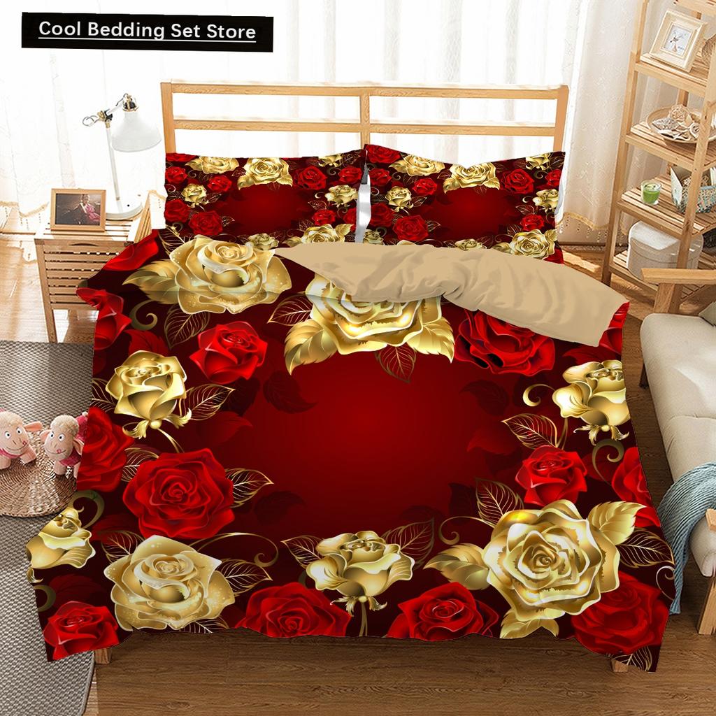 Пододеяльник Golden Red Rose King Queen Романтический комплект постельного белья с цветочным принтом Цветы ко Дню святого Валентина Пододеяльник из полиэстера