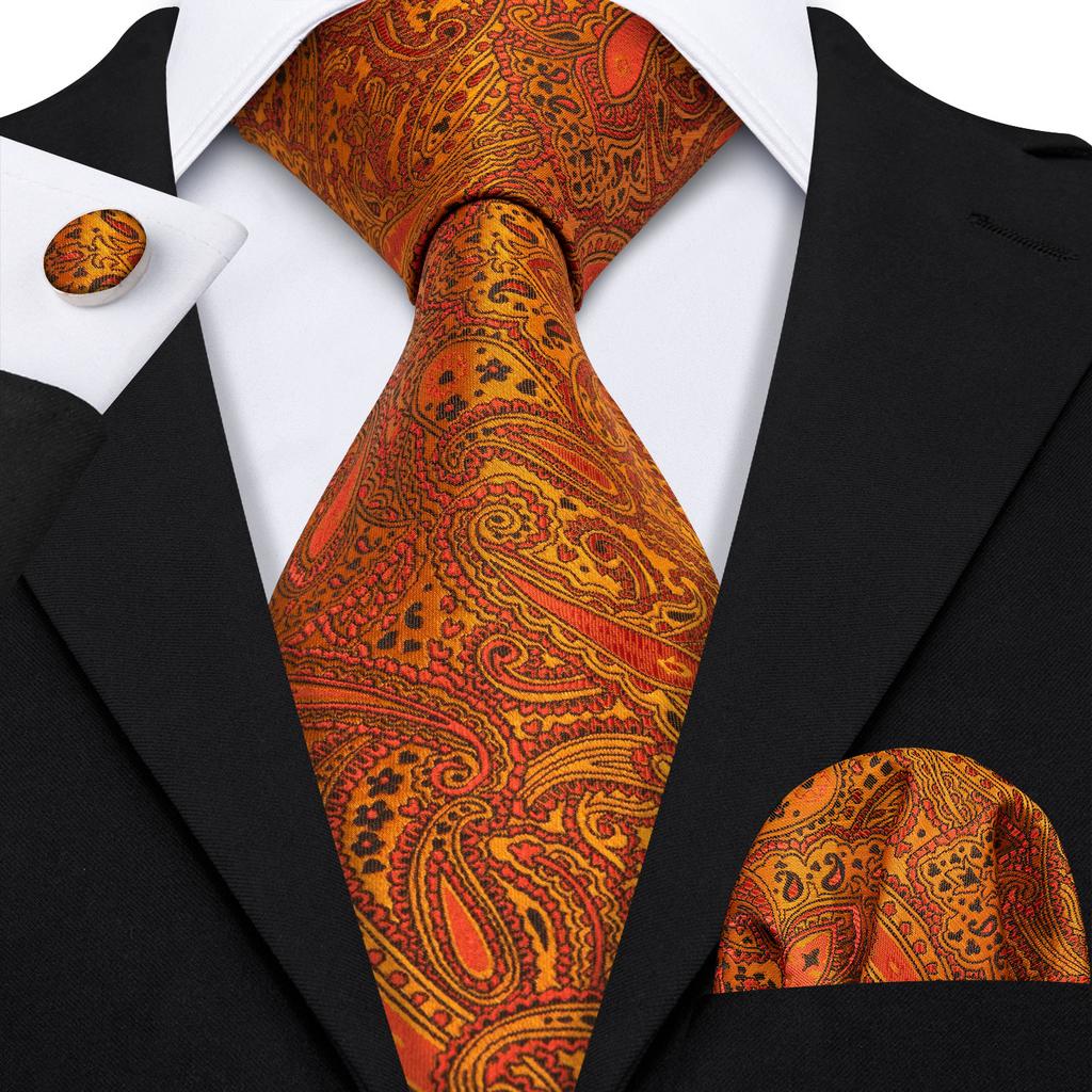 Hi-Tie Fashion Mens Wine-Red Paisley Necktie Hanky Cufflinks for Business Wedding