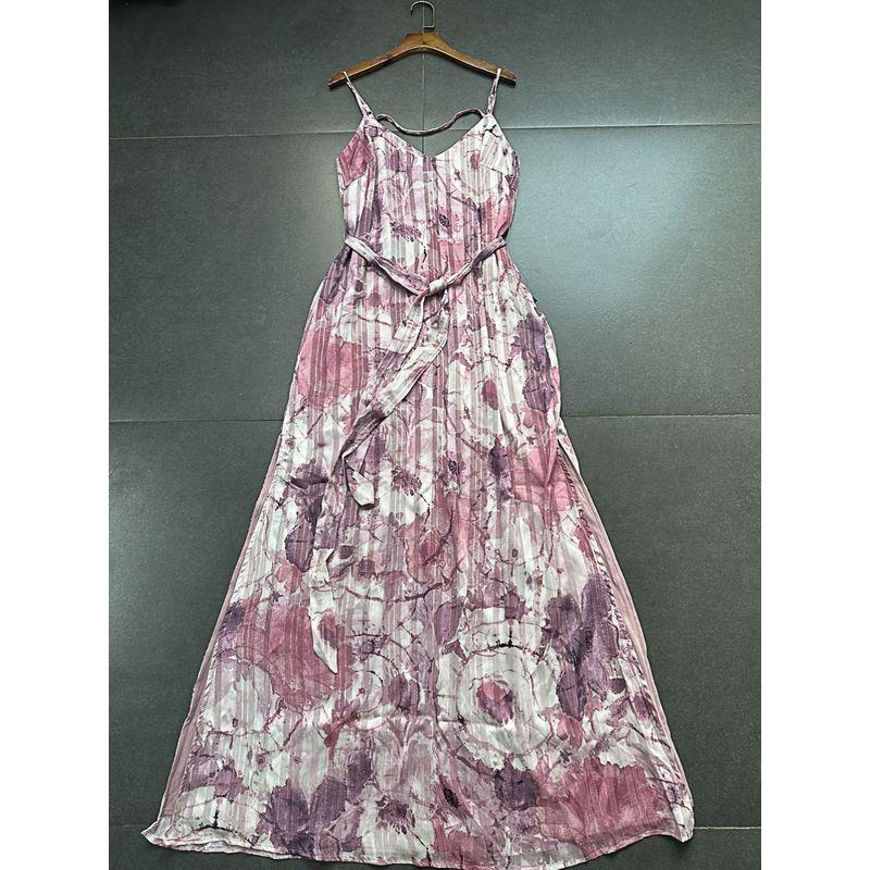 Purple Blooming Flower Sling Dress Lulu Home High-End Line V Neck Slit Hemline Vacation Dress White