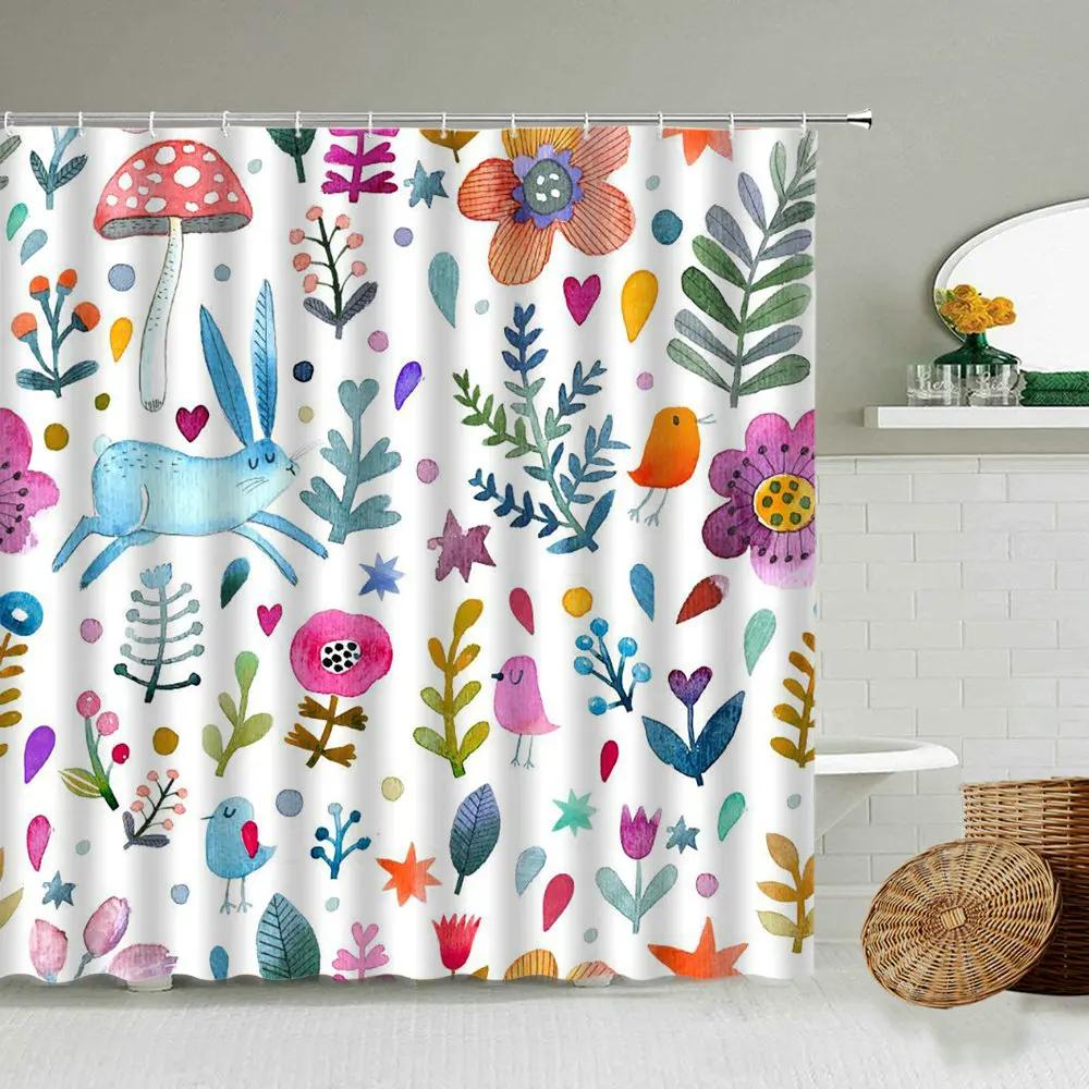 Cartoon Hand-Painted Animal Shower Curtain, Cat, Bird, Rabbit, Plant, Flower, Child Bathroom Decor With Hook