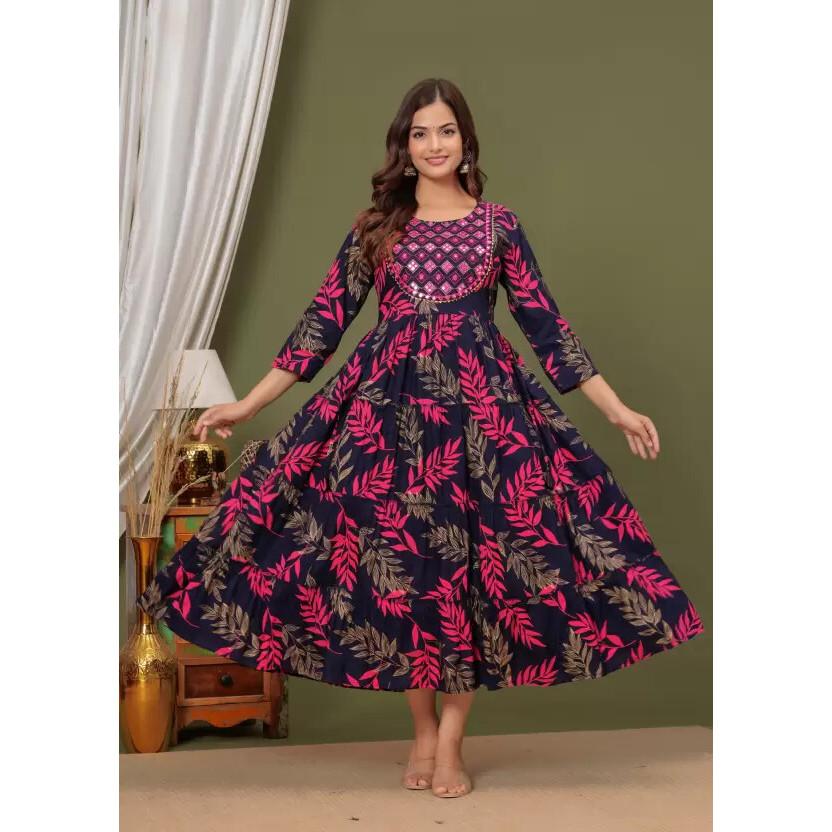 Женский вышитый искусственный шелк Anarkali Kurta Дизайнерская праздничная одежда Верхняя туника Курти Платье SC-21001d