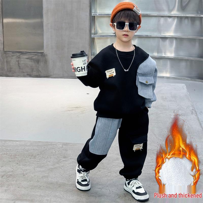 Весна Осень 2025 Комплект из флисового денима в корейском стиле для мальчиков