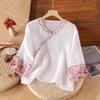 Women's Ethnic Retro Cotton Linen Embroidered Short Sleeve Top with Frog Button