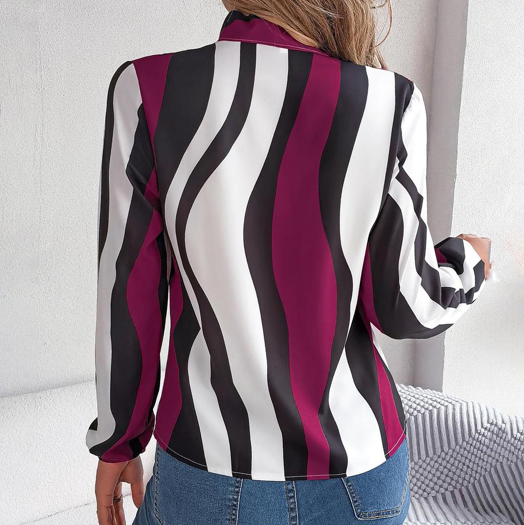 Women Spring Autumn Temperament Stripe Print Bow Collar Long Sleeve Shirt Blouses