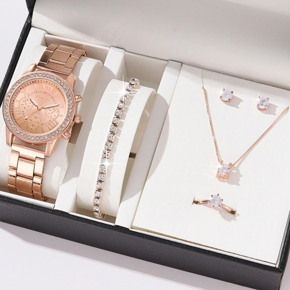 6pcs Bracelet Rhinestone Watch Jewelry Gift Set Roman Dial Ladies Quartz Watch Wedding