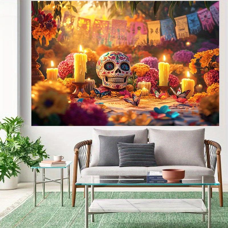 1 piece of 2D background cloth "Colorful Day of the Dead Theme Background Cloth, Sugar Skull and Flower Candlelight.