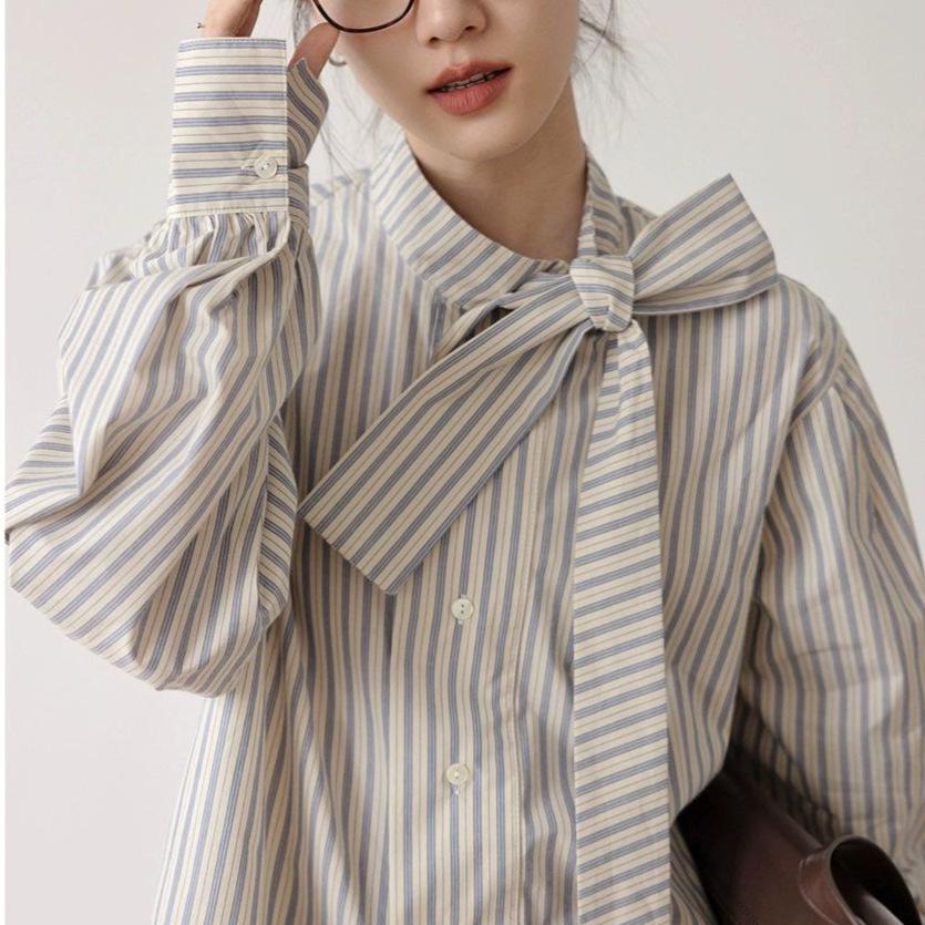 Женская полосатая рубашка с бантом — новая мода весны/осени, стильные длинные рукава, французский стиль, повседневный шик.