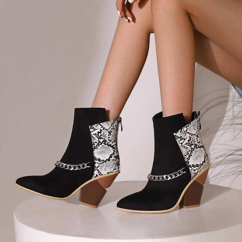 Krazing Pot Polyurethane Autumn Winter Shoes 47 Size 48 Super Size Wedges Pointed Toe Metal Chains Mid-calf Boots