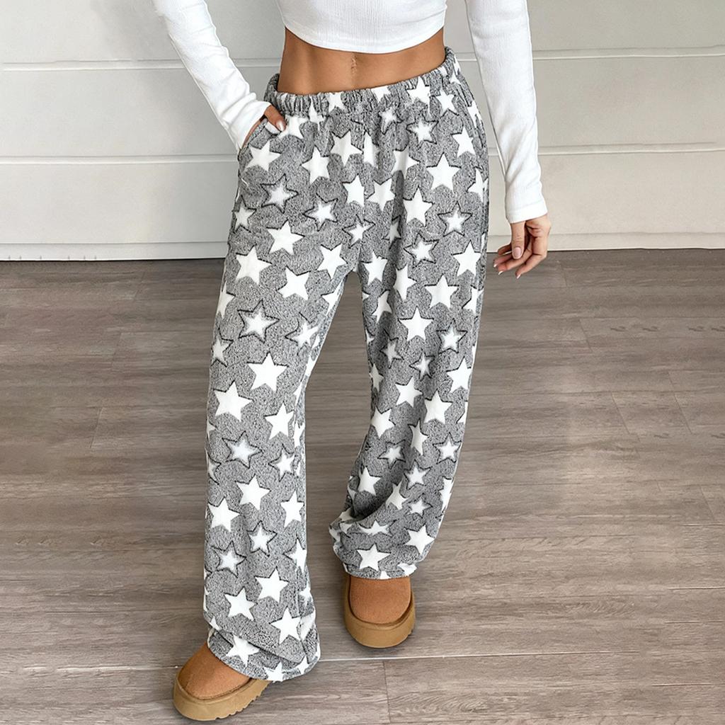 Women's Pajama Pants, Plush Pajama Pants, Soft Elastic Waist Pajama Pants, Star Pants With 2 Pockets