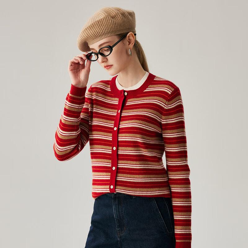 Zhaojun 2025 Autumn/Winter Women's 100% Cashmere Round Neck Red Cardigan