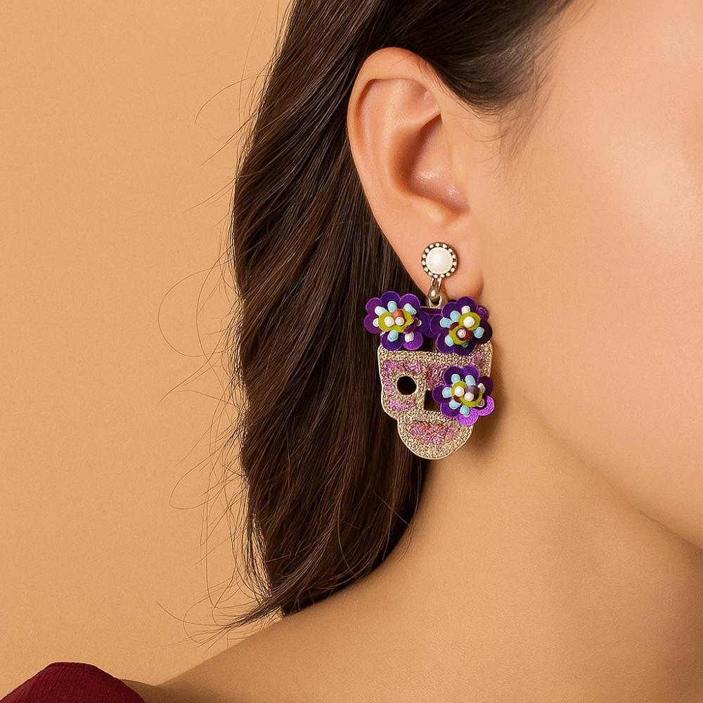 Personality Zircon Encrusted Skull Earrings Flower Glitter Skeleton Stud Earrings Women