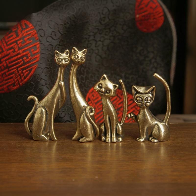 1 шт. Антикварная латунная фигурка кошки Миниатюрная металлическая статуэтка кошки Ретро животное Украшение для дома, офиса, стола Коллекционный подарок