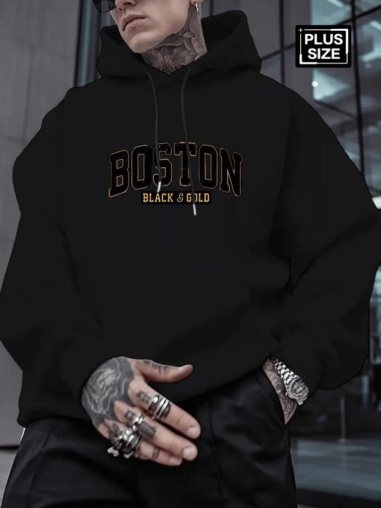 Men's Plus Size Boston Letter Print Hooded - Oversized Fit with Kangaroo Pocket, Hood, Durable Fabric Suitable for Daily Wear & Athletic Activities -