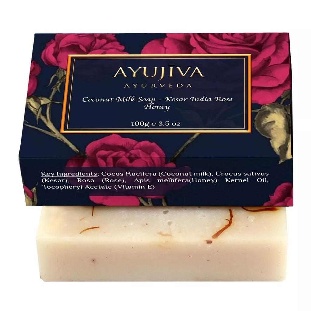 Мыло с Кокосовым молоком, Шафраном, Розой и Медом (100 г), Luxury Classic Coconut Milk Soap with Kesar, Indian Rose, Honey,  Ayujiva Ayurveda