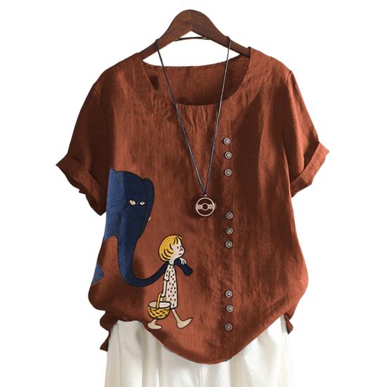 Женская футболка с принтом слона и мультяшной девушкой с короткими рукавами, дышащая, с круглым вырезом