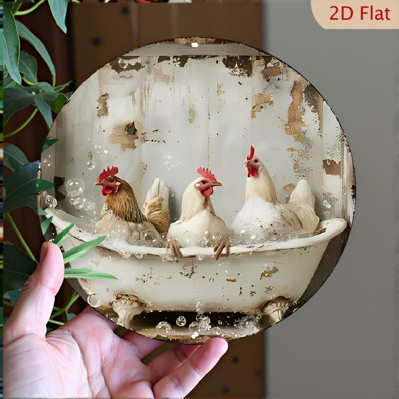 pc x Inch Round Aluminum Sign Funny Chicken Bathroom Decor with Cartoon Chickens in Bathtub Design Rustic Farmhouse Wal