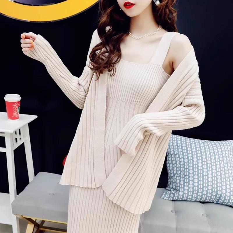 Womens Knit Cardigan Slip Dress Set Loose Fit Outfit Sweet Chic Two Piece Ensemble