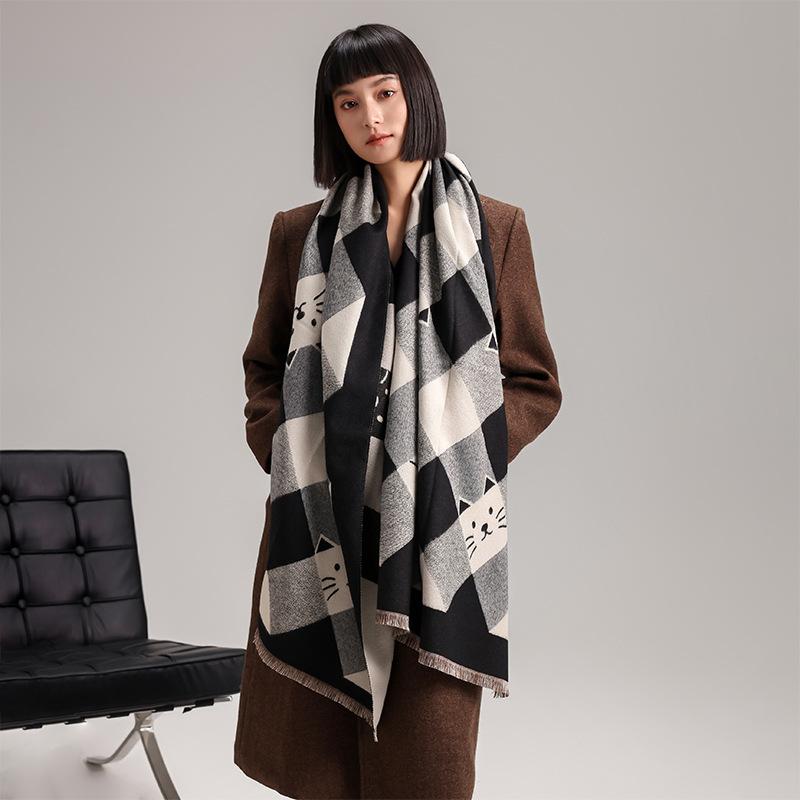 Geometric Square Slash Kitten Decorative Animal Sweet And Cute Xiaoqing Fresh Wind Autumn And Winter Women'S Imitation Cashmere Scarf