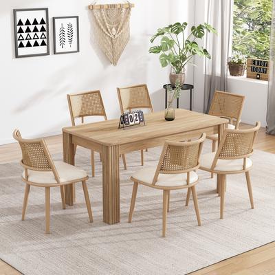 6 Dining Chairs, PU Seat, Rattan Backrest, Living Room, Bedroom Chair, Beige