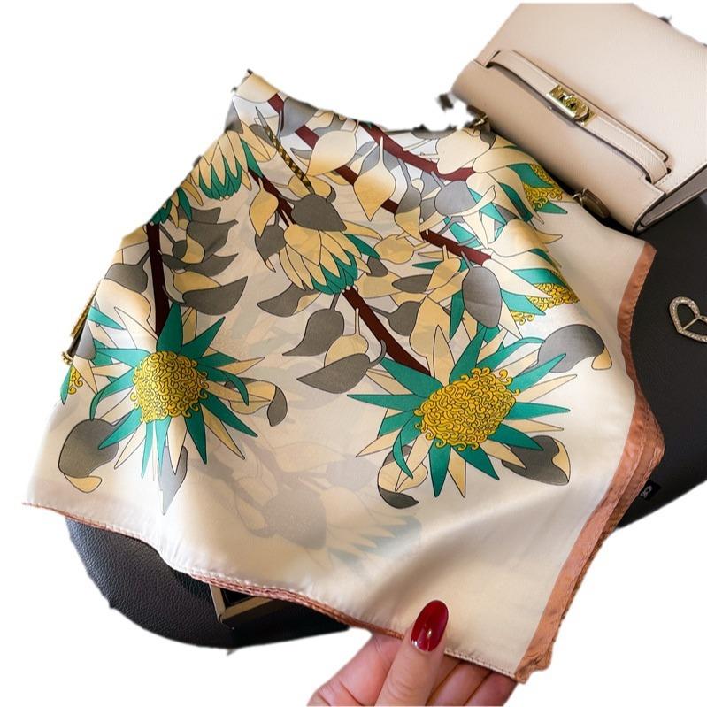 Summer Flower Simple Simulation Silk Printing Scarf 70Cm Square Scarf High Sense Versatile Professional Scarf Silk Scarf
