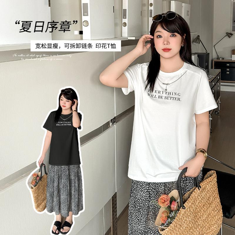 Spring and summer new solid color versatile short-sleeved t-shirt large size women's clothing ins niche chain printed top 212119