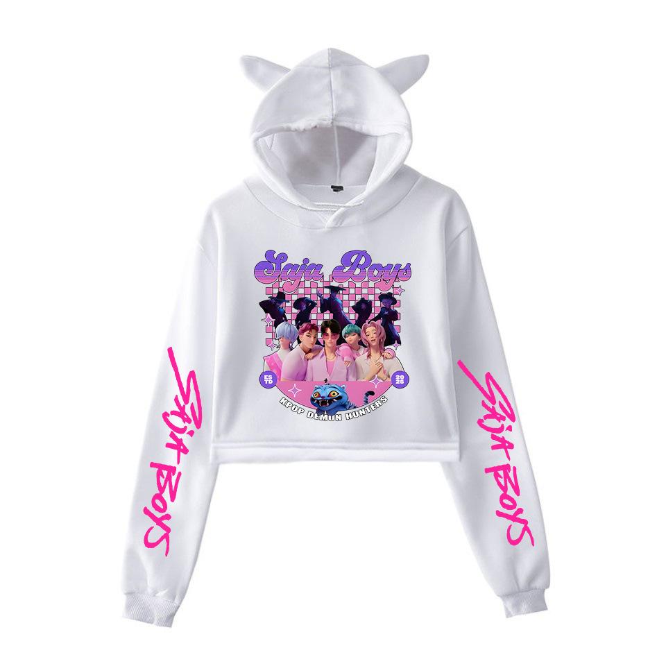 K-pop Охотники на демонов Персонажи фильма Толстовка с капюшоном Женская Ушки кошки Длинный рукав Укороченные топы Модная толстовка для девочек Подарок для фанатов Женская одежда