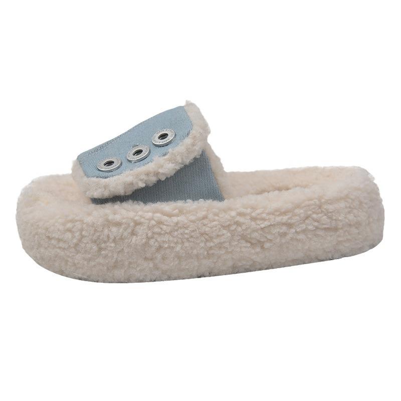 Модные плюшевые шлепанцы на массивной платформе для женщин, осенние, с толстой подошвой, дизайнерские, джинсовые, пушистые, уличные, женские, нескользящие, с коротким плюшем