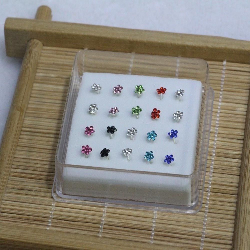 Silver 20PCS Fashion Stainless Steel Jewelry Nose Rings Gems Flower Body Piercing Nose Studs Ring