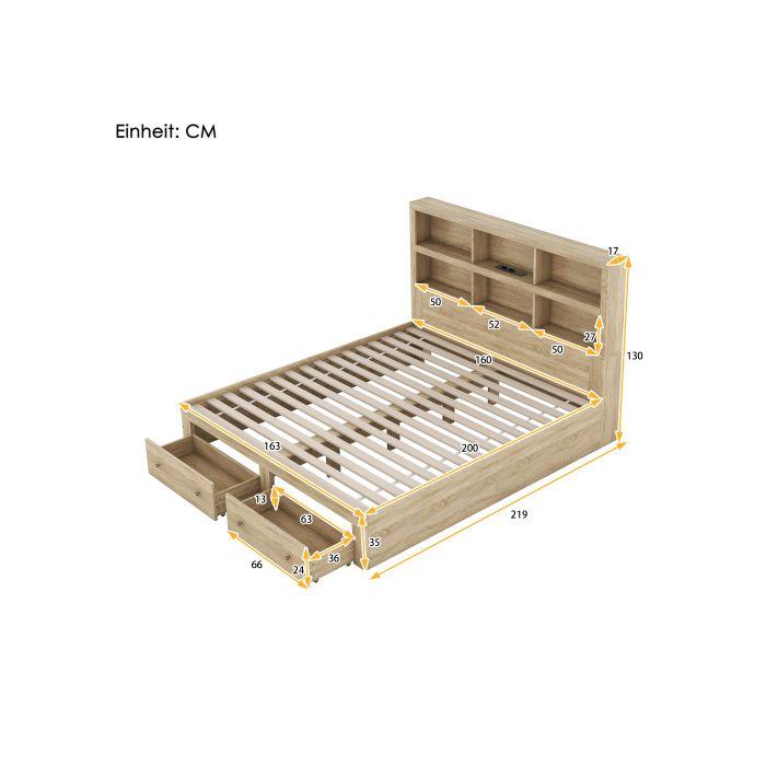 Lit double - MUVOE - 160x200 cm - Tête de lit avec rangement - 6 étagères - 2 tiroirs