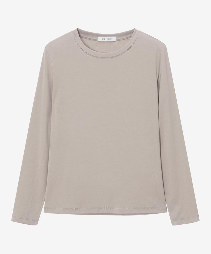 BASIC HOUSE Women'S Regular Fit Crew Neck Long Sleeve Tee Dark Beige Lzts3215