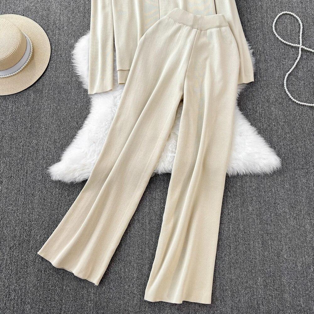 Fashion Collar Loose Long-sleeved Irregular Knit Tops High Waist Thin Straight Pants Two-piece Set