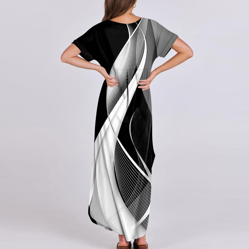 Женские летние повседневные свободные пляжные макси длинные платья с V-образным вырезом и короткими рукавами, модные наряды