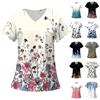 Women's Fashion Printed Short Sleeve V Neck Pattern Tops Pocket Working T-shirts