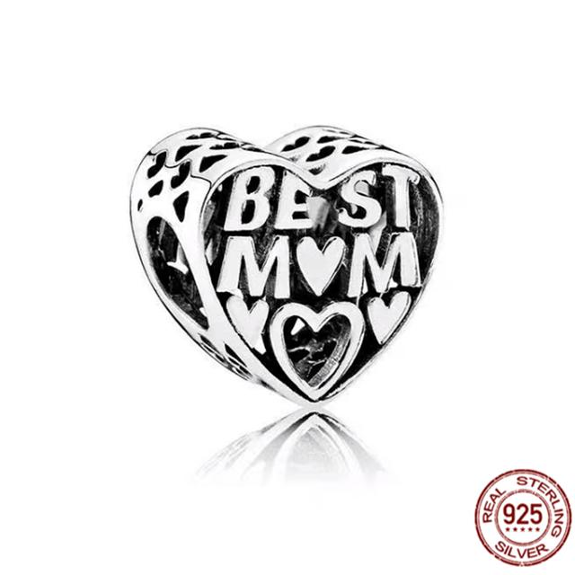 Аутентичные стерлингового серебра 925 пробы Love You Mom Heart Шарм из бисера подходит для милого модного браслета ювелирных украшений в подарок для женщин