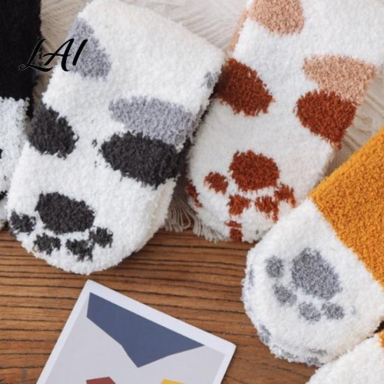 Winter Gifts for Girlfriends Cute Cat Paw Socks Women Fuzzy Socks Cozy Soft Plush Embroidered Women Animal Slipper Warm Coral Fleece Sleeping Autumn